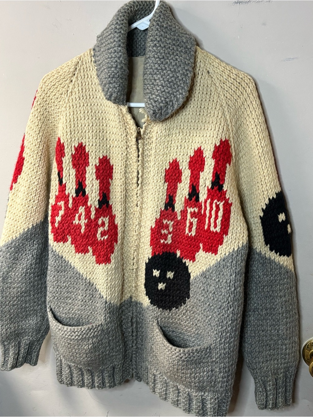 Hand knit Bowling theme full zip adult size sweater gray, cream, black & Red